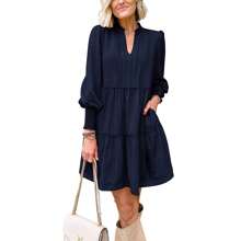 BZB Womens Fall Long Sleeve Tunic Dress Casual V Neck Loose Ruffle Tiered Dress - 藏蓝色 - 查看 1