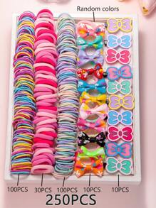 Bộ 250 chiếc dây buộc tóc và kẹp tóc nơ nhiều màu sắc cho bé gái, dây buộc tóc co giãn, kẹp tóc đuôi ngựa, phụ kiện tóc dễ thương. - Nhiều màu - Xem 5