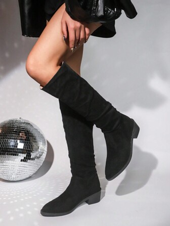 Botas occidentales estilo Riding de mujer con puntera afilada, tacón grueso y decoración estilo Maillard