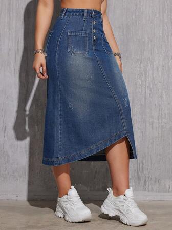Women's Fashionable Asymmetrical Denim Skirt, Knee-Length