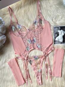 Floral Embroidered Lingerie Set, Bride Wedding Night, Sheer Lace Garter, Corset For Women Sexy Mesh Exotic Bridal - Hồng - Xem 11