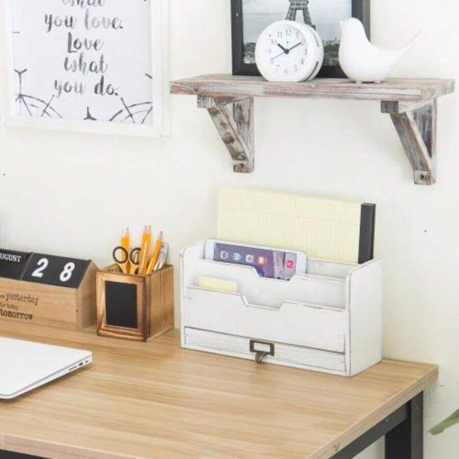 Wooden White Desktop Organizer Rack, Vintage Memo Document Holder With ...