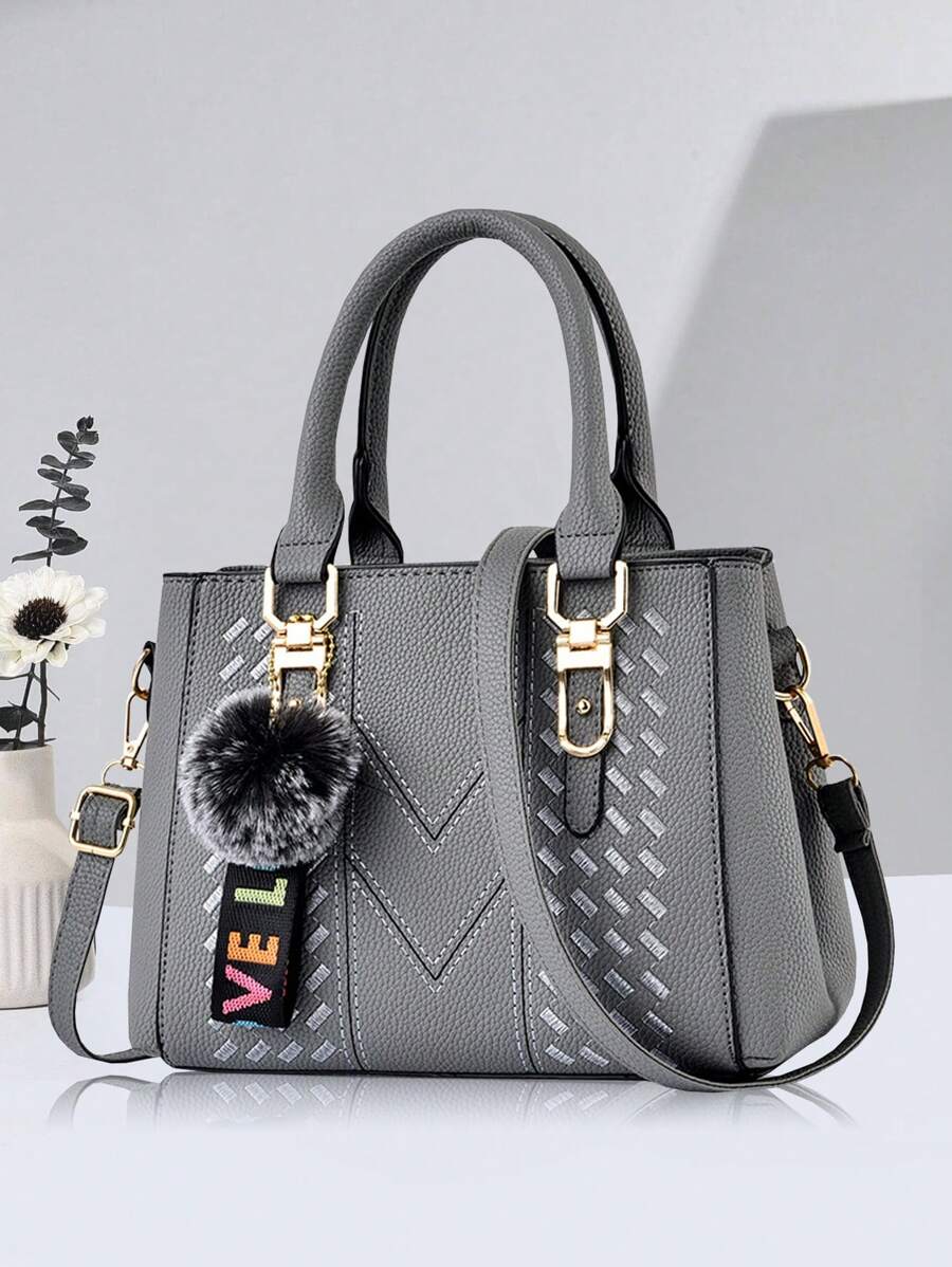 New Shoulder Bag With Pom Pom Pendant, Casual Style, Mother's Day Gift, Essential For Moms, Suitable For Office, University, Work, Business, Commuting, Outdoor, Travel, Outings, Best Mother's Day Gift For Mom, Business Casual Women Handbag, Perfect For Office, Business And Work Occasions - Dark Grey - View 1