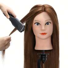 Cabeza de maniquí de cabello humano para peinar, trenzar y practicar en escuelas de belleza - con soporte - Marrón - Ver 2