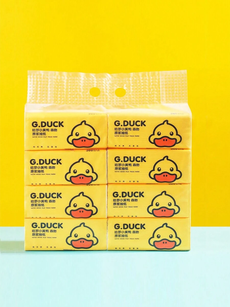 8入組卡通小黃鴨天然木漿4層增厚紙巾家庭裝，適用於家庭或餐飲使用 - 彩色 - 查看 1