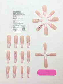 24pcs Pink & White French 3D Rhinestone Ballerina Nails, Gel + Nail File - Red and White - View 3