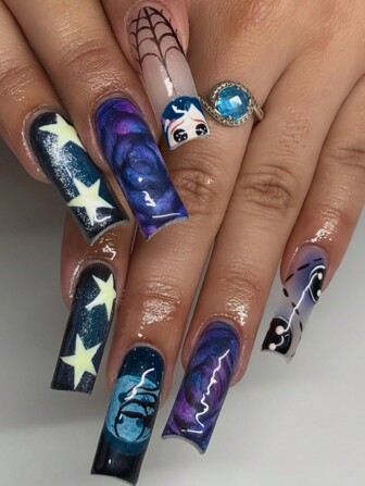 Upgrade Your Look 24 Pieces Long European Square Five-Pointed Star Cartoon Doll Smiling Face Starry Sky False Nails Nail Art Set Suitable For Women And Girls Press On Nails Nail Supplies Nails