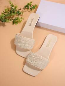 Moda Quadrato Punta Perle Scivoli Piane, Pantofole Casuali Da Spiaggia Per Le Donne, Suole Morbide E Comode, Adatte Per L'ufficio, Con Abbellimenti Laser E Strass, Di Alta Qualità.