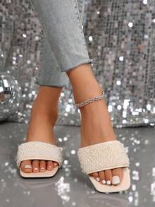 Moda Quadrato Punta Perle Scivoli Piane, Pantofole Casuali Da Spiaggia Per Le Donne, Suole Morbide E Comode, Adatte Per L'ufficio, Con Abbellimenti Laser E Strass, Di Alta Qualità.