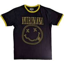 Nirvana | Official Band Ringer T-Shirt | Outline Happy Face - Negro - Ver 1