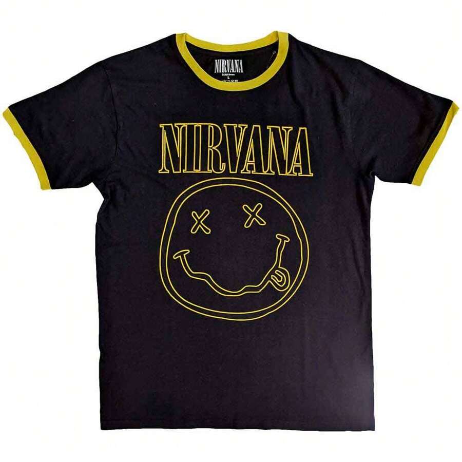Nirvana | Official Band Ringer T-Shirt | Outline Happy Face - Negro - Ver 1