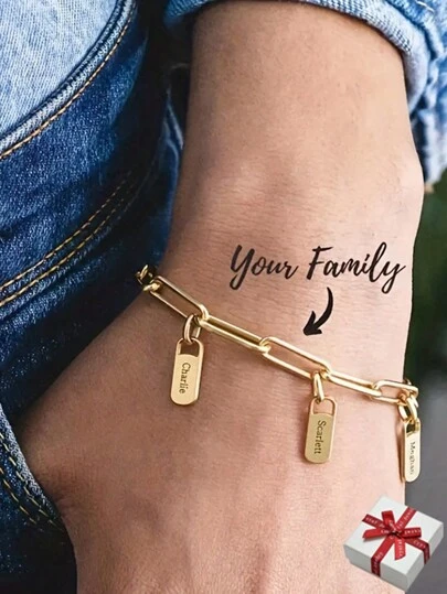 Custom Engraved Initial Stainless Steel Square Link Chain Bracelet, Adjustable Couple Bracelet, Family Member Name, Birthday Gift For Girlfriend, Valentine's Day Present Valentines,Gold,Stylish,Colorful,Vintage,Unisex,Hipster,Simple,Casual,Custom,Personalized,Unique,Ideal Gifts For Him,Ideal Gifts For Her,Her,Boyfriend,Girlfriend,Dad,Mom,Family,Friends,For Anniversaries,For Birthdays,For Graduation,For Prom,For Party,Jewelry Women,Elegant Outfit