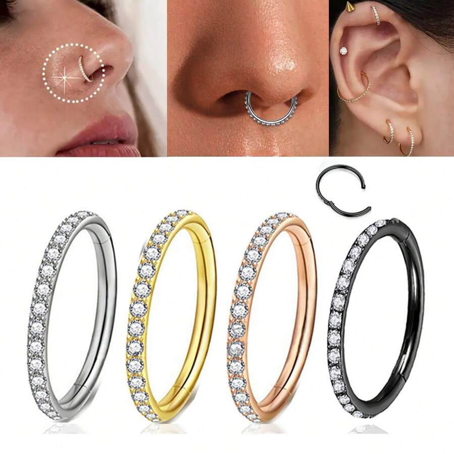 ADYJELY 1 pezzo Anello nasale a cerniera in acciaio inossidabile con CZ trasparente, 16G, anello a settore per setto nasale, labbra, sopracciglia, cartilagine, lobo, elice, daith, tragus, rook, piercing per orecchie e ombelico, anello per capezzoli, nero 6mm 8mm 10mm, gioielli per piercing per il corpo per donna e uomo