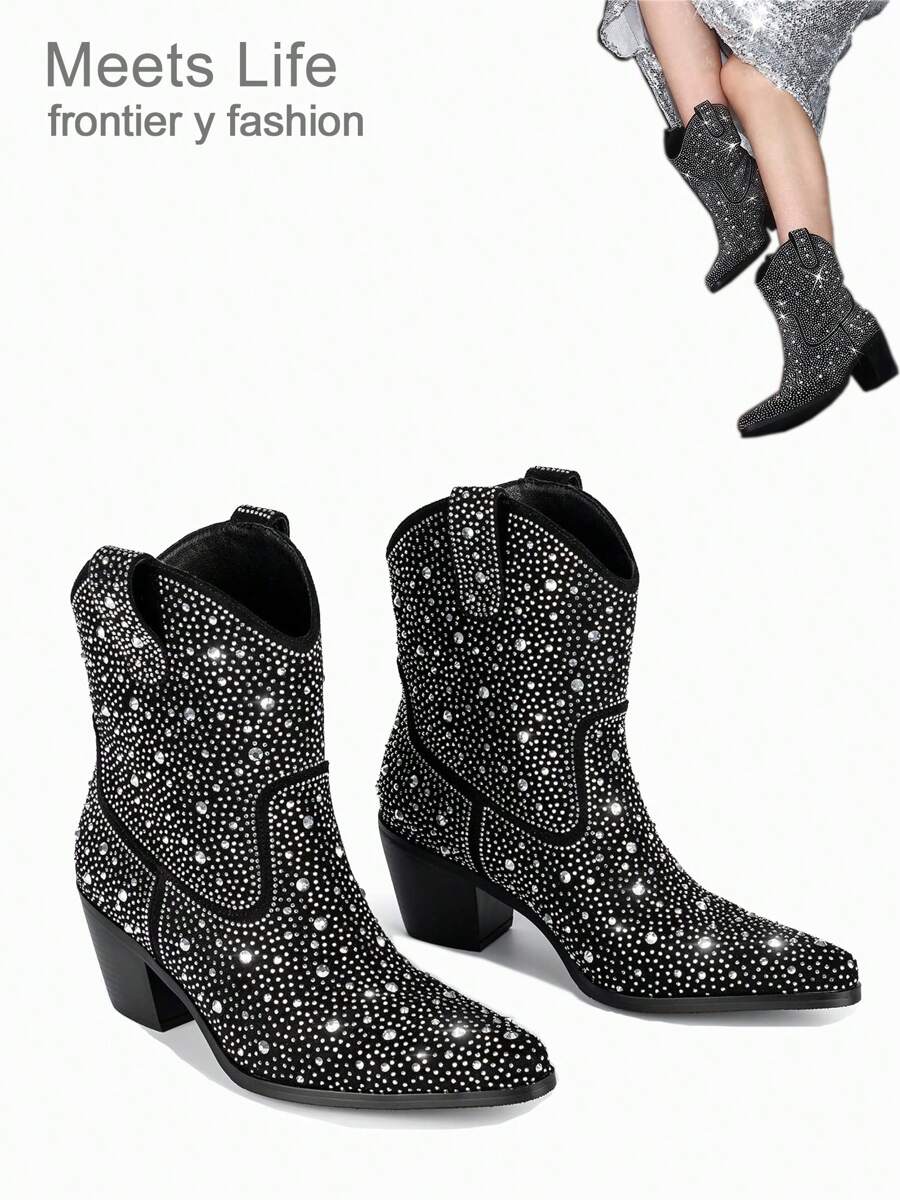 Botas de vaquero negras para mujer con pedrería - Botas vaqueras brillantes con glitter para mujeres con gemas en la pantorrilla ancha, botas occidentales de media pantorrilla y rodilla alta, con tacón grueso de diamantes - Negro - Ver 1