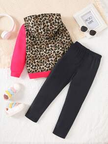 Young Girls Leopard Patchwork Hooded Long Sleeve Sweatshirt And Pants Set - Hot Pink - View 2