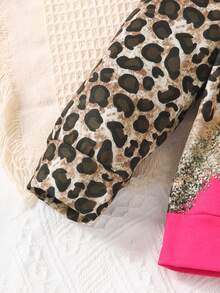 Young Girls Leopard Patchwork Hooded Long Sleeve Sweatshirt And Pants Set - Hot Pink - View 4