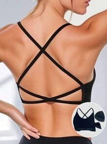 2 Packs Seamless Sports Bras With Strappy Cross Back Removable Pads For Yoga, Workout Soft Elastic Moisture Wicking Comfort Fit Backless Sports Bra For Women