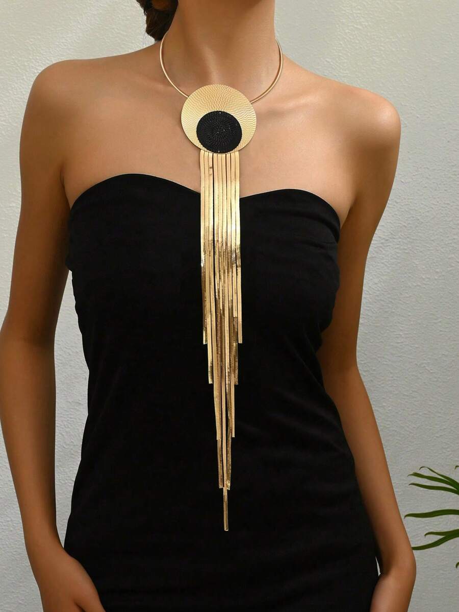 1pc Fashionable Retro Exaggerated Fingerprint Metal Big Circle Color Block Flat Snake Chain Leather Rope Y-Shaped Long Tassel Necklace - Gold - View 1