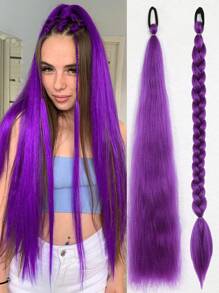 1 Pc Purple 28inch Braided Hair With Elastic Elastic Band Wig Women's Hair Extensions Pink Purple Gradient Braided Ponytail Synthetic Material - Purple - View 1