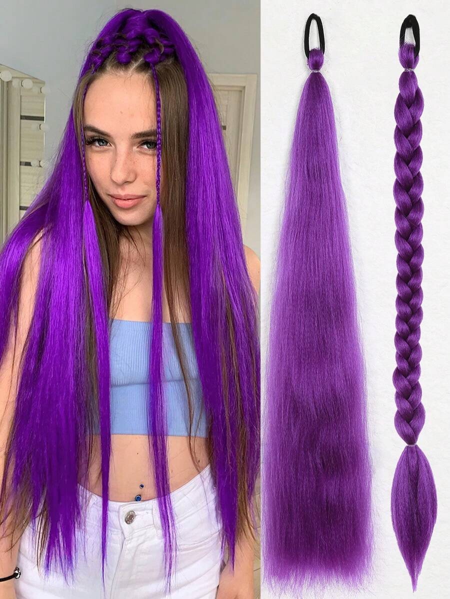 1 Pc Purple 28inch Braided Hair With Elastic Elastic Band Wig Women's Hair Extensions Pink Purple Gradient Braided Ponytail Synthetic Material - Purple - View 1