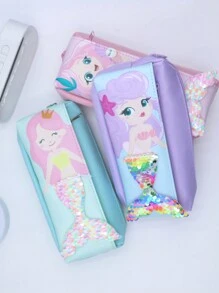 1pc Cartoon Mermaid Glitter Cloth High-Capacity Pencil Case Stationery Storage Bag Suitable For School Students,Pencil Pouch,School Bag - one-size - View 2