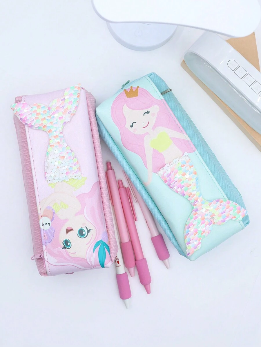1pc Cartoon Mermaid Glitter Cloth High-Capacity Pencil Case Stationery Storage Bag Suitable For School Students,Pencil Pouch,School Bag - one-size - View 1
