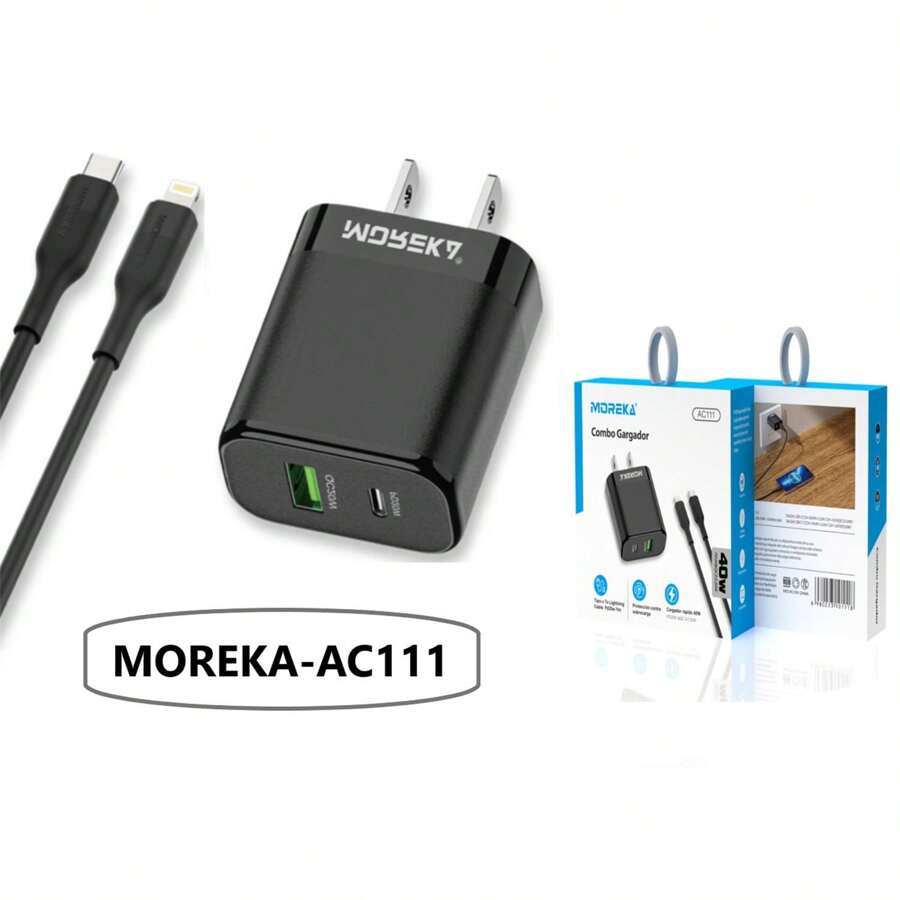 Set de carga rápida de 40W, cabezal de carga y cable de datos, dos puertos de salida, fácil de transportar, negro clásico MOREKA-AC111 - Negro - Ver 1