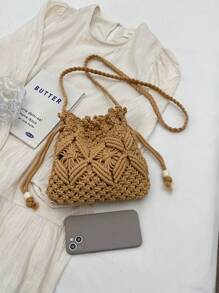 女士编织小手提包，新款时尚柳条斜挎包，小众小众沙滩单肩包，百搭方形信封式别致斜挎包，沙滩度假包，沙滩钱包，夏季、度假和日常使用的完美之选 - 卡其色 - 查看 11