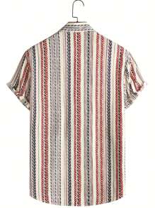 男士条纹印花衬衫，轻盈透气，穿着舒适，适合旅行或日常休闲穿着，柔软宽松的短袖衬衫，休闲度假皆宜。 - 紅色 - 查看 2