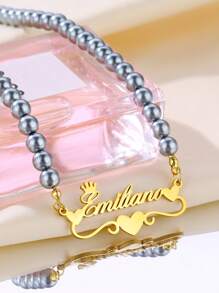 Custom Name Colorful Pearl Necklace, Fashionable European And American Style Bohemian Charm Pearl Collarbone Chain Necklace For Women, Stainless Steel Gold Heart, Butterfly, And Letter Couple Pendant Summer Beach Jewelry, Anniversary Gift, Christmas Gift For Girlfriend Or Couple - Gold-pink Pearl - View 3