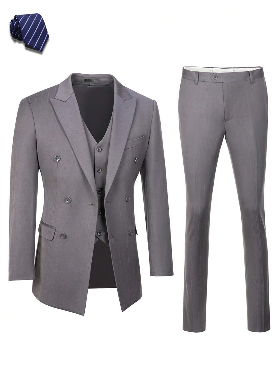 4 Stücke/Set Erwachsenen Grauer Nadelstreifen Anzug mit Doppelreiher, inklusive Jacke, Hose, Weste & blau gestreifte Krawatte - Grau - Übersicht 1