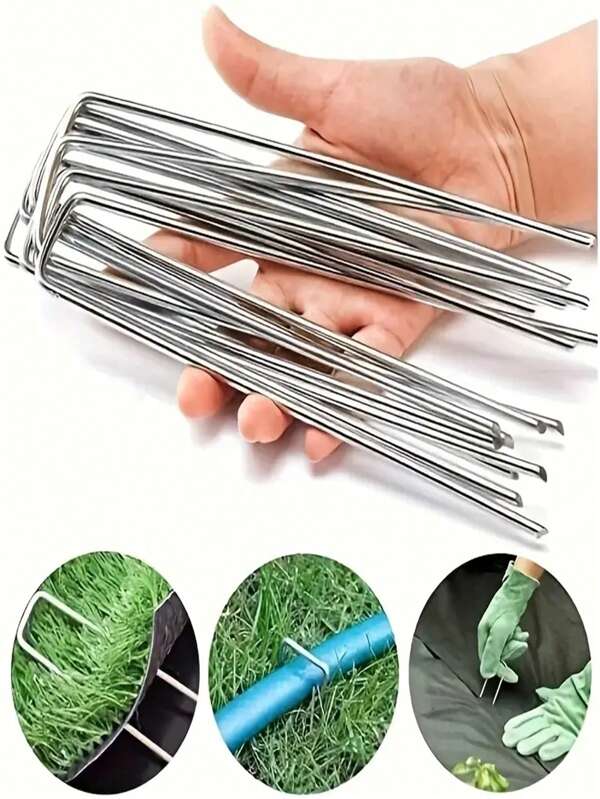50/100/200 pièces de piquets de jardin en forme de U pour la fixation de gazon, tissu paysager, tissu de sol, filet de jardin, pics de jardin en acier galvanisé, piquets de couverture paysagère avec agrafes et rondelles de sol