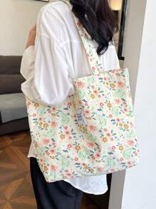 Cherry Print Simple Bucket Large Shoulder Tote Bag, Student Girl Shoulder School Bag, Heart Print Sweet Bag, Corduroy Tote Bag, Fashion All Season - Green - View 5