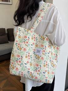 Cherry Print Simple Bucket Large Shoulder Tote Bag, Student Girl Shoulder School Bag, Heart Print Sweet Bag, Corduroy Tote Bag, Fashion All Season - Green - View 3