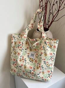 Cherry Print Simple Bucket Large Shoulder Tote Bag, Student Girl Shoulder School Bag, Heart Print Sweet Bag, Corduroy Tote Bag, Fashion All Season - Green - View 6