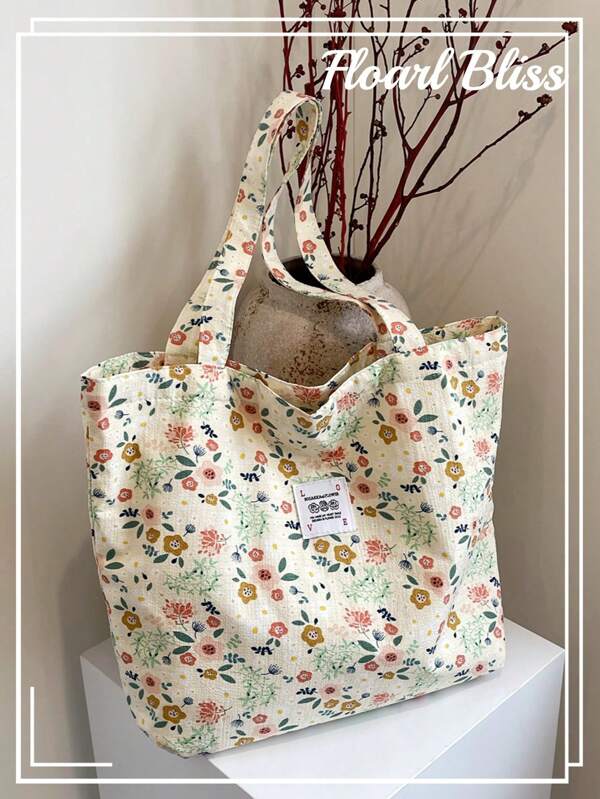 Cherry Print Simple Bucket Large Shoulder Tote Bag, Student Girl Shoulder School Bag, Heart Print Sweet Bag, Corduroy Tote Bag, Fashion All Season