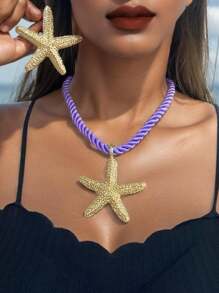 1套3件簡約時尚海星吊墜項鍊，誇張耳環，個性化女士珠寶套裝 - 海星 - 查看 16