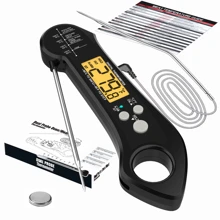 Un thermomètre à viande imperméable, multifonctionnel, pliable et manuel avec des lectures rapides en 2 à 3 secondes, une détection de température précise, fabriqué en matériau ABS, avec une sonde en métal en acier inoxydable et un bouton de commande en silicone. Il dispose d'un écran rétroéclairé, d'un aimant à l'arrière pour un rangement facile sur les réfrigérateurs, d'une fonction étanche, d'une température d'alarme réglable, d'une fonction d'alarme sonore et d'une sonde externe avec un cordon d'extension. La température peut être calibrée. Compact et léger, la sonde pliable assure un rangement sûr et sécurisé. Il est également livré avec un design suspendu.