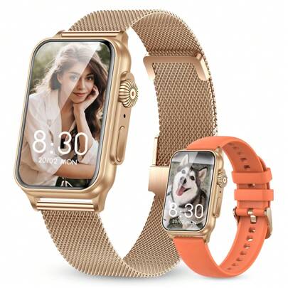 男女通用智能手表，配备 2 个表带（蓝牙接听/拨打电话），1.57 英寸高清智能手表，健康健身追踪器，带心率、血氧血压睡眠监测器、100 多种运动模式、步数卡路里计数器、计步器，IP68 防水，适用于 Android 和男女