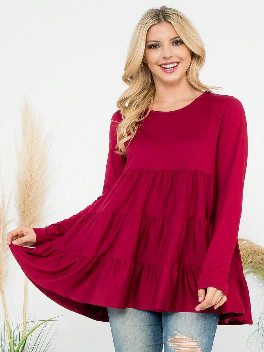 Solid Long Sleeve Tiered Top - wn - View 1