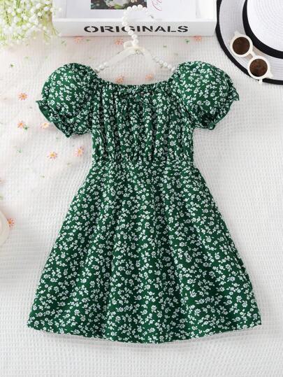 BASUSARRI Young Girl Summer Floral Dress With Countryside Style , Princess Dress For Outdoor Activities