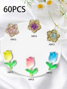 60入組發光鬱金香精美櫻花形指甲裝飾，時尚精美DIY指甲裝飾，清新可愛風格，適合女性和女孩子在各種日常場合穿著和打扮