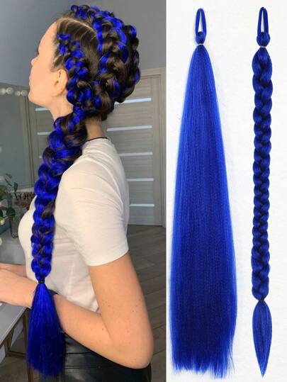 1 Pc Black 28inch Braided Hair With Elastic Elastic Band Wig Women's Hair Extensions Pink Purple Gradient Braided Ponytail Synthetic Material