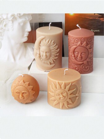 3D Relief Sun Moon Face Cylinder Candle Silicone Mold Moon Flower Pattern Pillar Epoxy Resin Aroma Plaster Candle Making Tool
