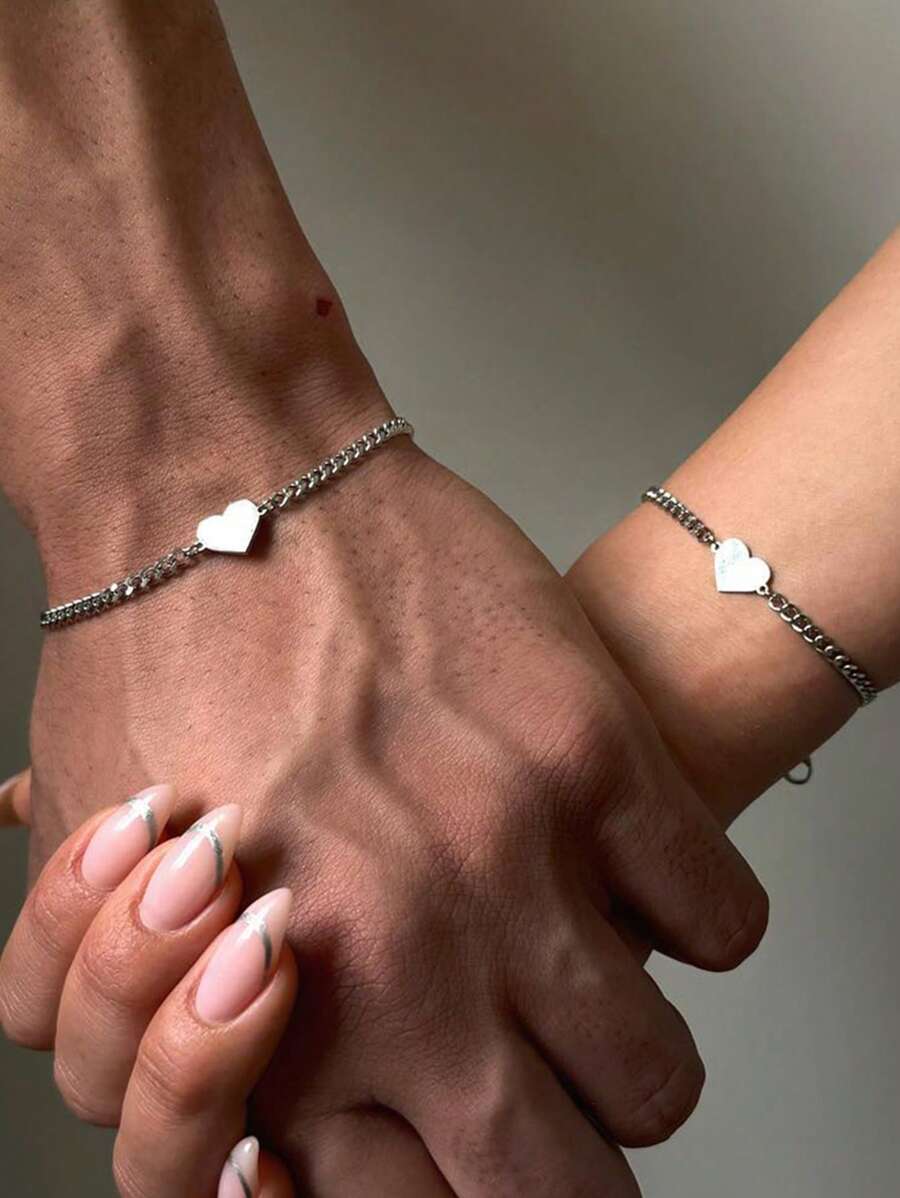 2pcs Simple And Fashionable Stainless Steel Heart-Shaped Couples' Bracelet, Suitable For Dates, Parties, Daily Wear And Valentine's Day Gifts Valentines