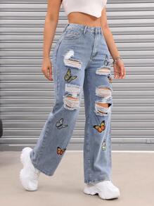 Calça Jeans com Perna Reta e Boca Larga com Estampa Floral Desgastada para Mulheres - Lavagem Média - Ver 3