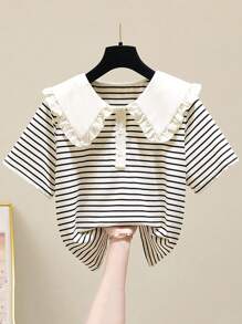 Tween Girls' Ruffled Striped Short Sleeve Blouse, Sweet Back To School Shirt For Toddler & Tween Girls, Summer - Apricot - View 2