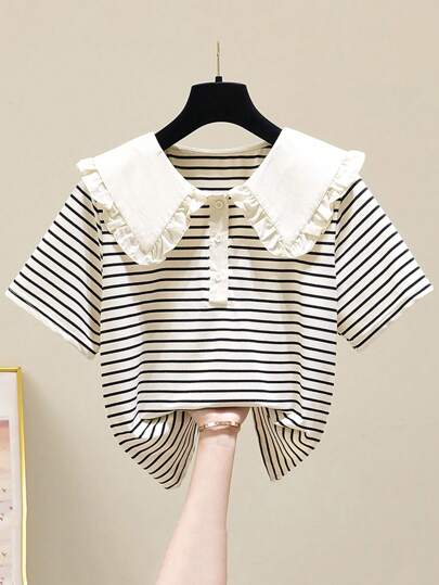 Tween Girls' Ruffled Striped Short Sleeve Blouse, Sweet Back To School Shirt For Toddler & Tween Girls, Summer