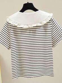 Tween Girls' Ruffled Striped Short Sleeve Blouse, Sweet Back To School Shirt For Toddler & Tween Girls, Summer - Apricot - View 4