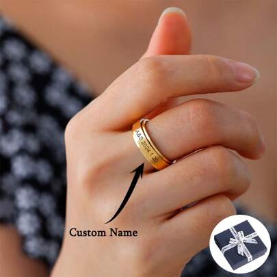 Personalized Custom Rotating Ring For Men And Women, Silvery Stainless Steel Ring 6mm Wide Customized Engraved Name Couple Ring Engagement Wedding Gift Decompression Relieve Anxiety Hand Jewelry For Husband Wife